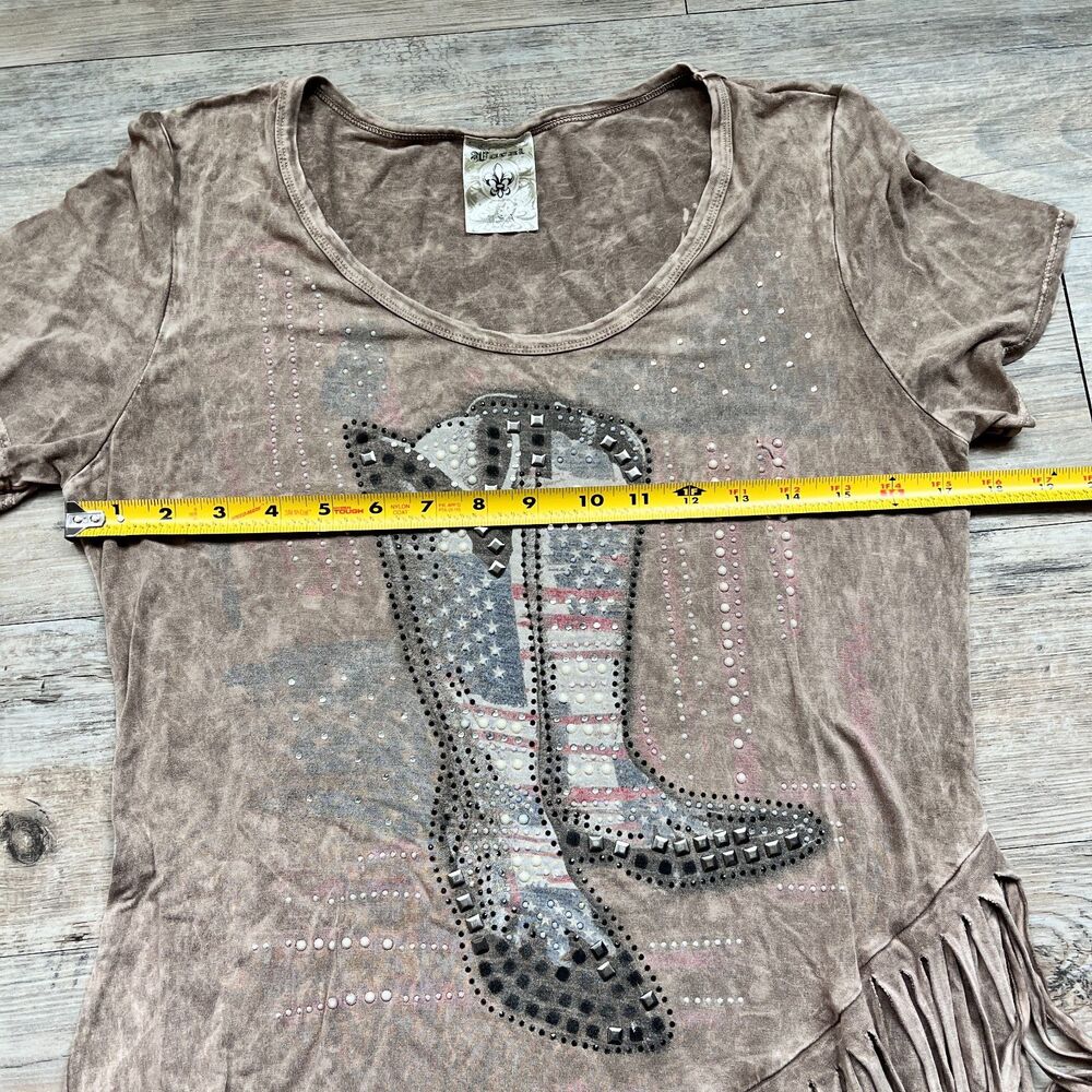 Vocal USA Cowboy Fringe Gem Top Western Rhinestone Boot Graphic Affliction M L - Picture 6 of 10
